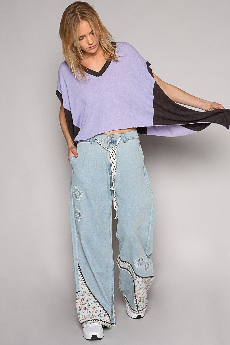 POL Oversize V Neck Sleeveless Color Block Top