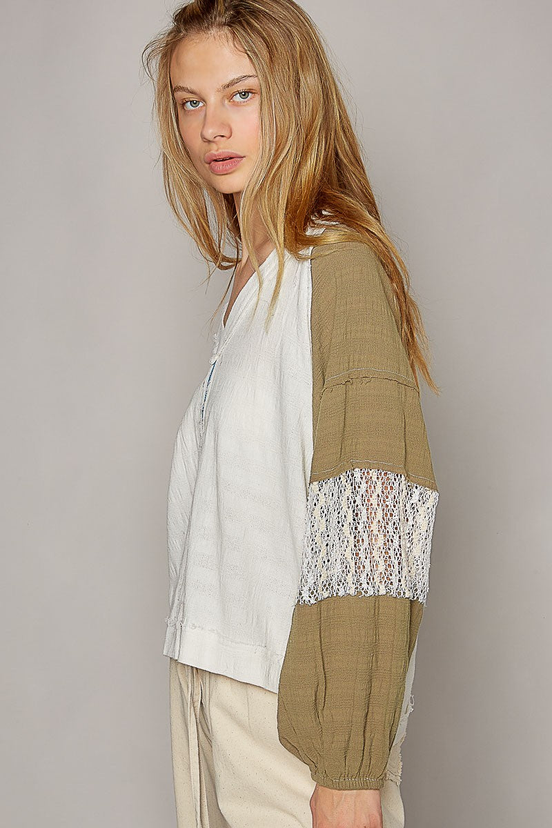 POL Balloon Long Raglan Sleeve Crochet Patch Top