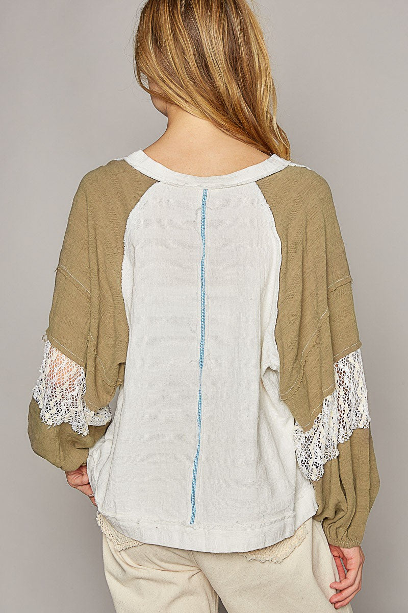 POL Balloon Long Raglan Sleeve Crochet Patch Top