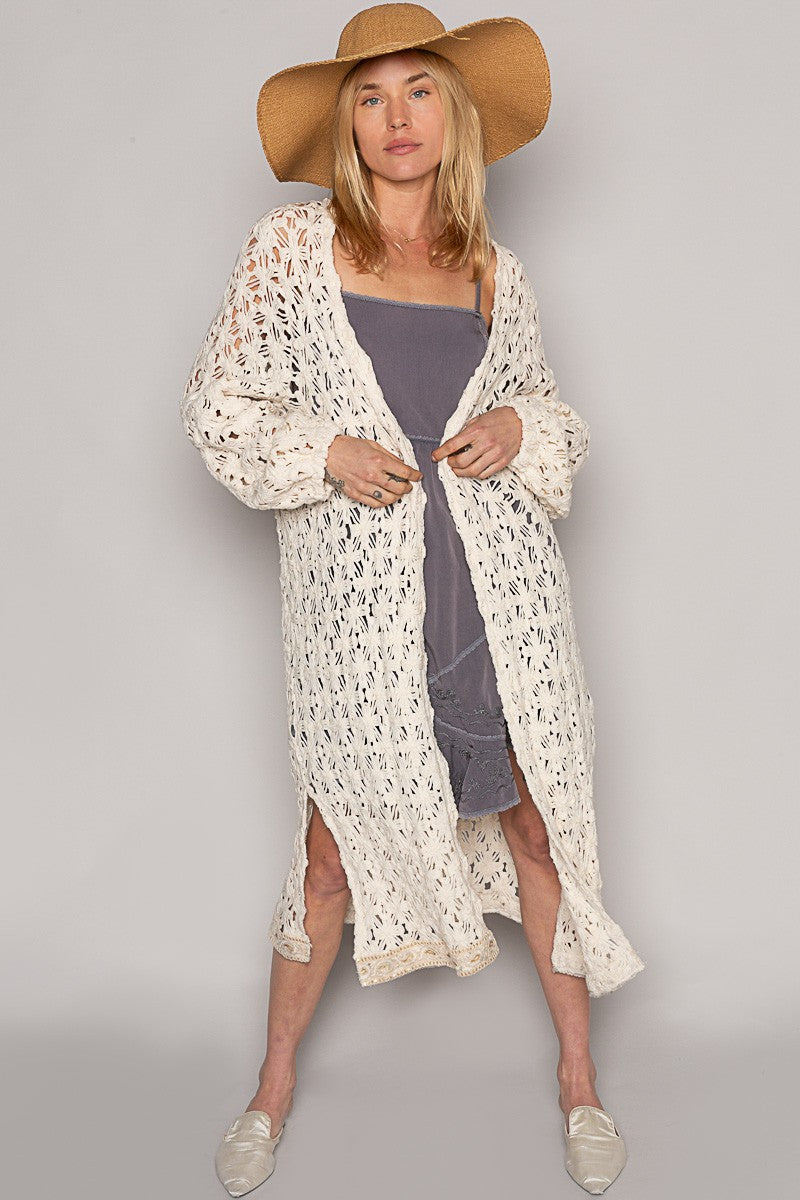 POL Long Sleeve Floral Pattern Crochet Long Cardigan Top