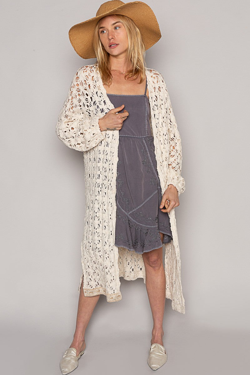 POL Long Sleeve Floral Pattern Crochet Long Cardigan Top