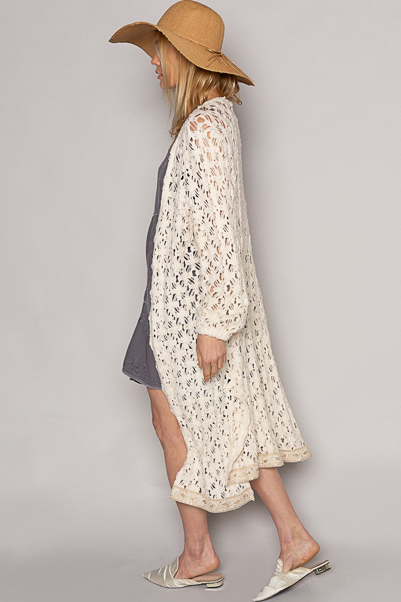 POL Long Sleeve Floral Pattern Crochet Long Cardigan Top