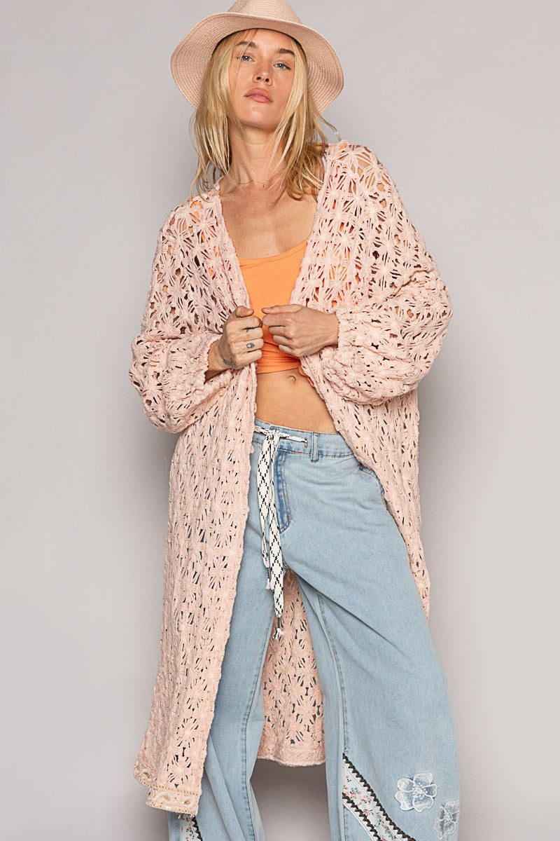 POL Long Sleeve Floral Pattern Crochet Long Cardigan Top