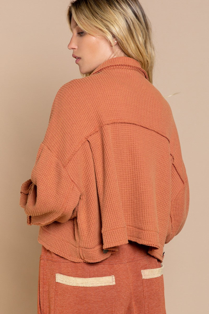 POL Oversize Pocket Front Button Down  Long Sleeve Collared Thermal Jacket - Roulhac Fashion Boutique