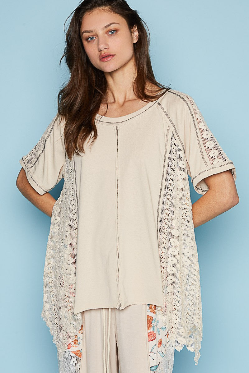 POL Round Neck Short Sleeve Crochet Contrast Knit Top