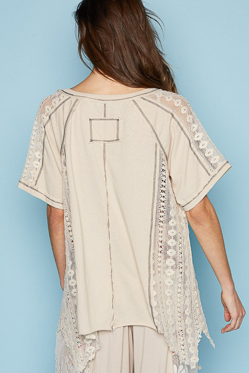 POL Round Neck Short Sleeve Crochet Contrast Knit Top