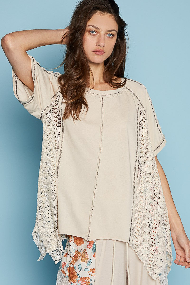 POL Round Neck Short Sleeve Crochet Contrast Knit Top