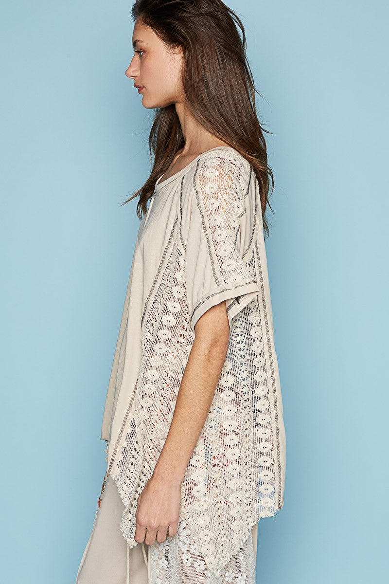 POL Round Neck Short Sleeve Crochet Contrast Knit Top