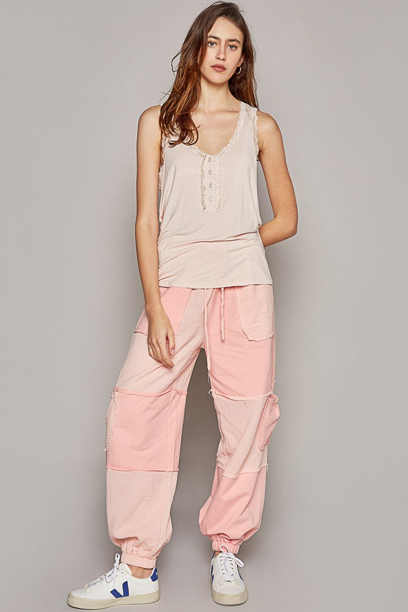 POL Scoop Neck Sleeveless Lace Trim Back Open Knit Top