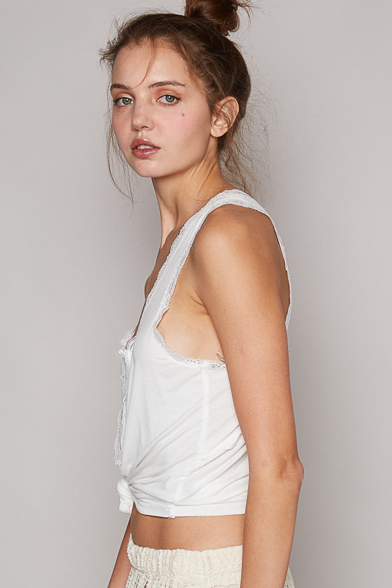 POL Scoop Neck Sleeveless Lace Trim Back Open Knit Top