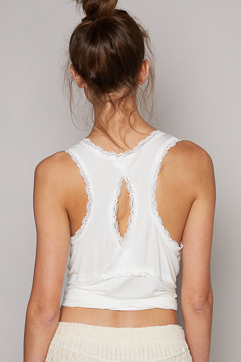 POL Scoop Neck Sleeveless Lace Trim Back Open Knit Top