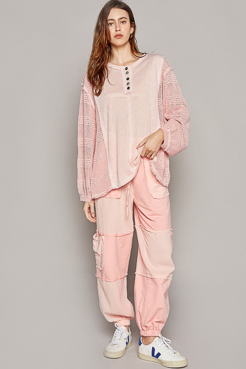 POL Round Neck Long Balloon Sleeve Solid Knit Top