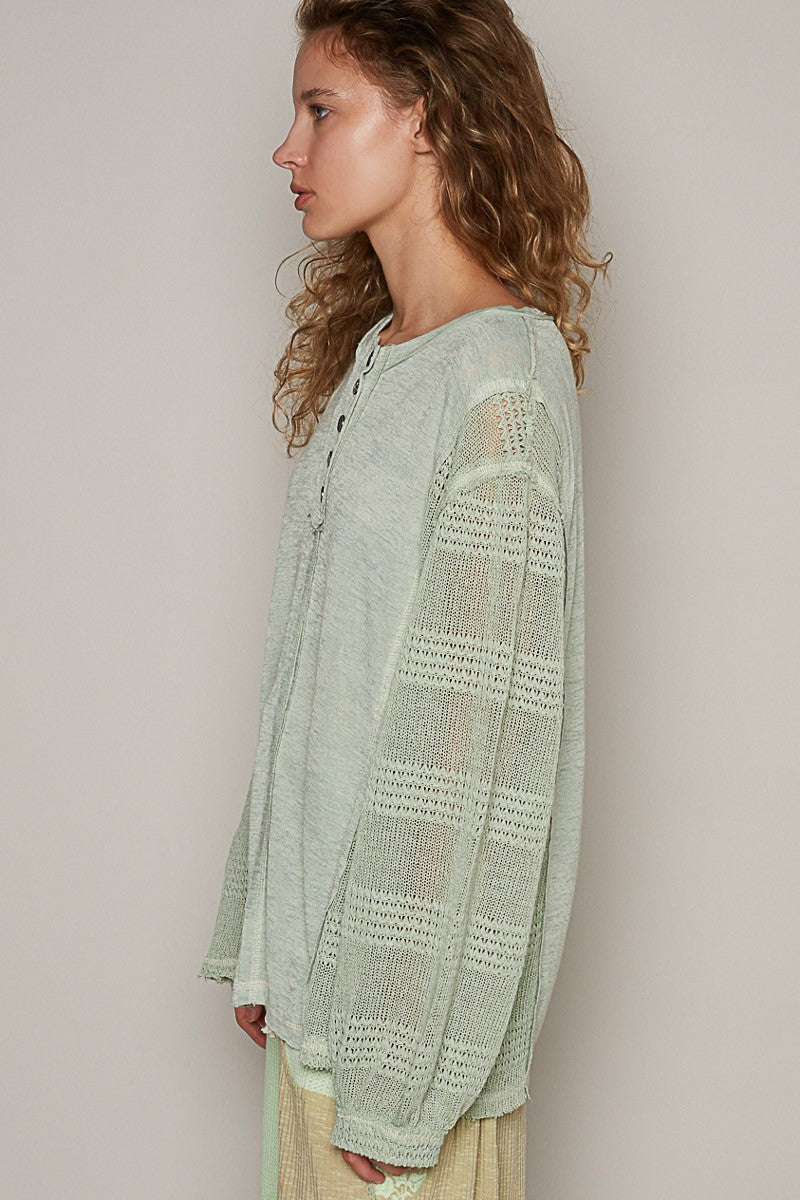 POL Round Neck Long Balloon Sleeve Solid Knit Top