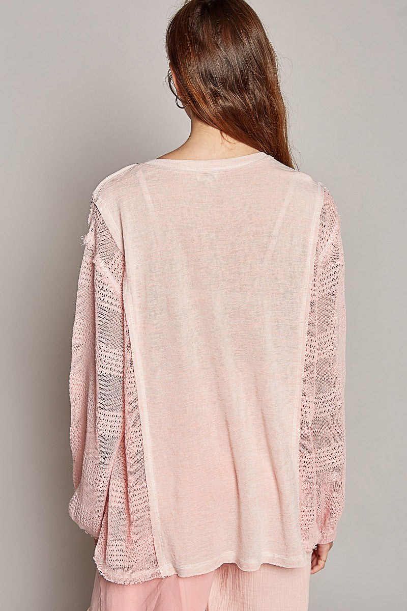 POL Round Neck Long Balloon Sleeve Solid Knit Top
