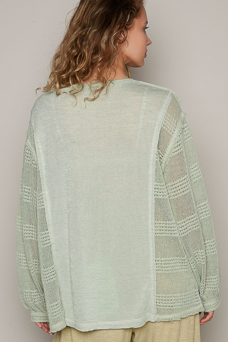 POL Round Neck Long Balloon Sleeve Solid Knit Top