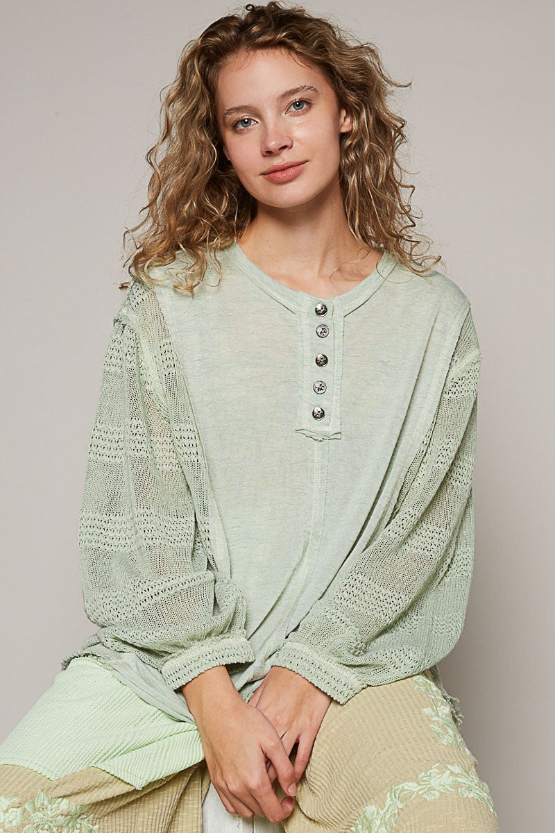 POL Round Neck Long Balloon Sleeve Solid Knit Top