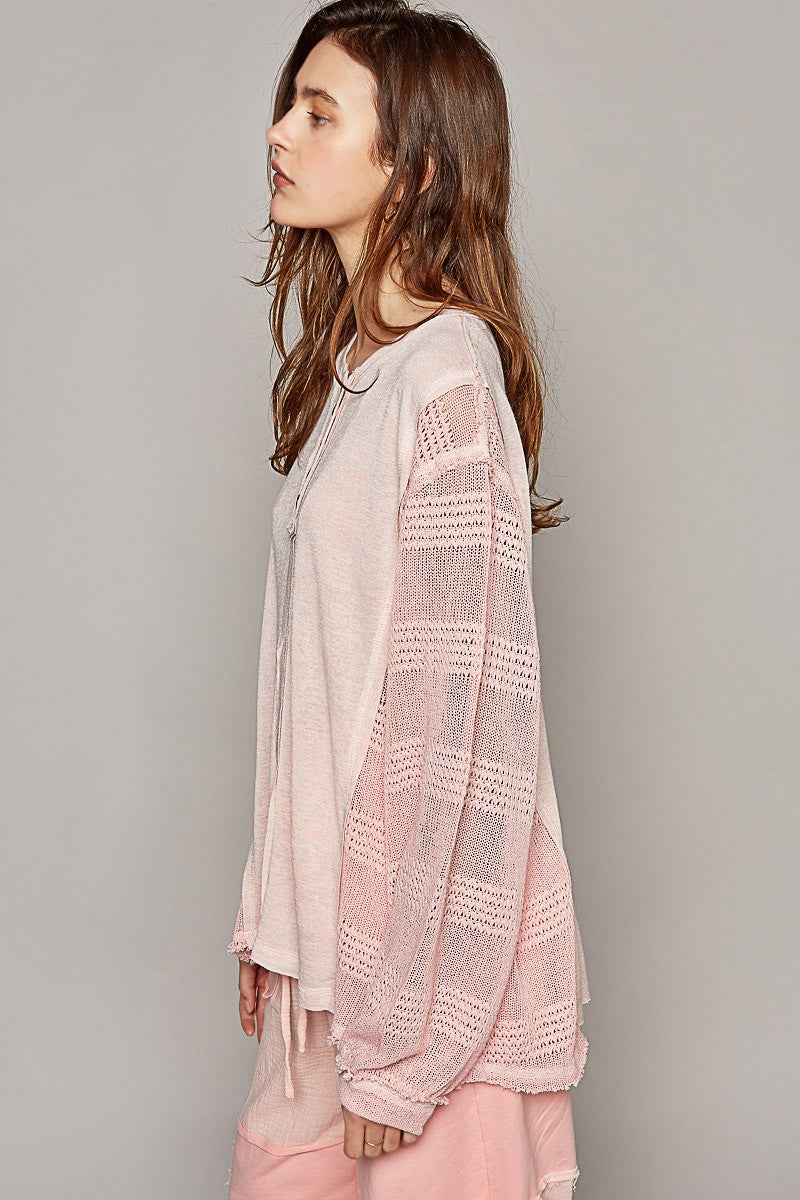 POL Round Neck Long Balloon Sleeve Solid Knit Top