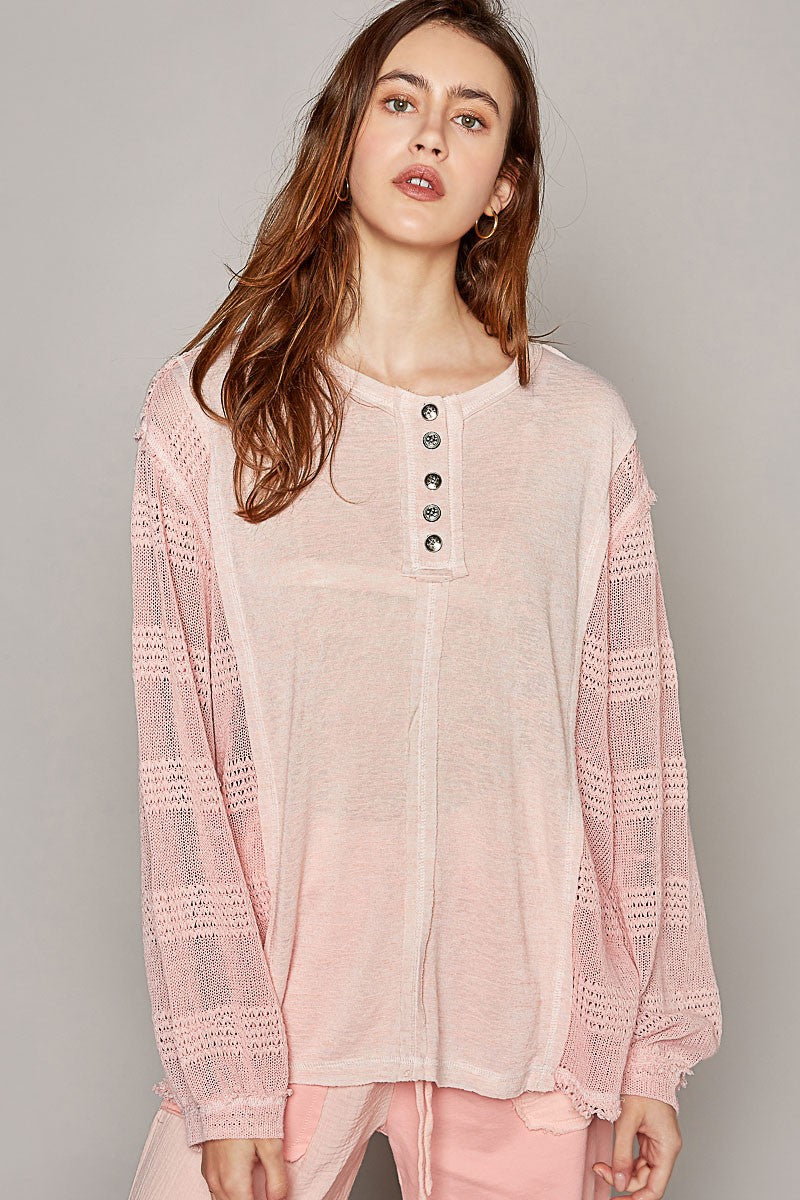 POL Round Neck Long Balloon Sleeve Solid Knit Top