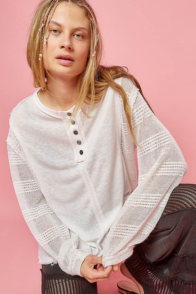 POL Round Neck Long Balloon Sleeve Solid Knit Top