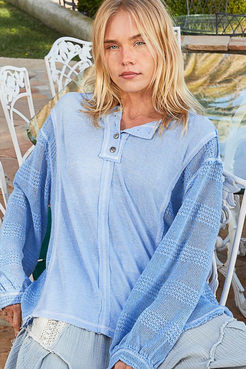 POL Round Neck Long Balloon Sleeve Solid Knit Top