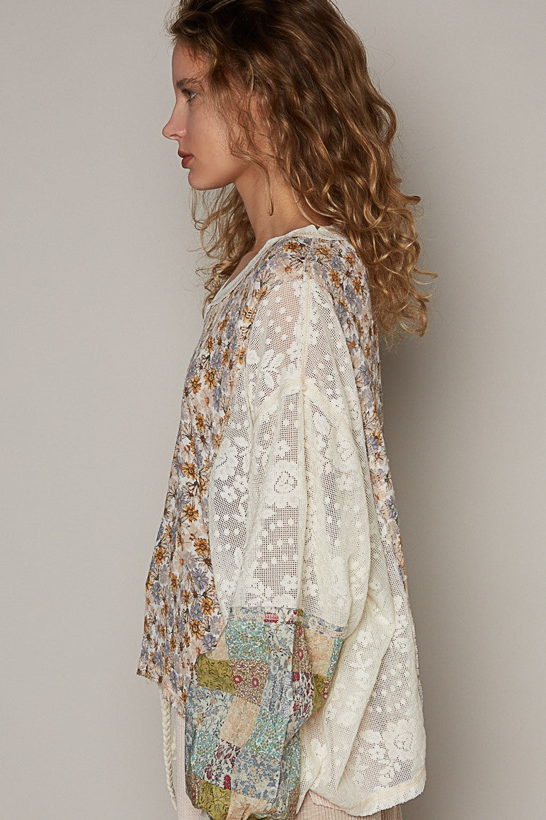 POL Oversize Balloon Long Sleeve Floral Lace Woven Top