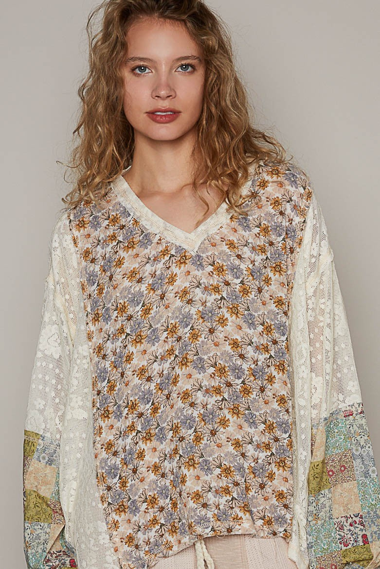 POL Oversize Balloon Long Sleeve Floral Lace Woven Top