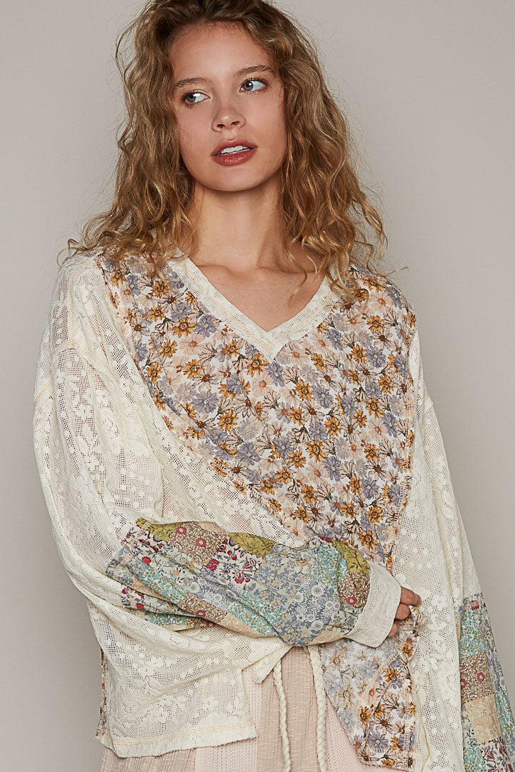 POL Oversize Balloon Long Sleeve Floral Lace Woven Top