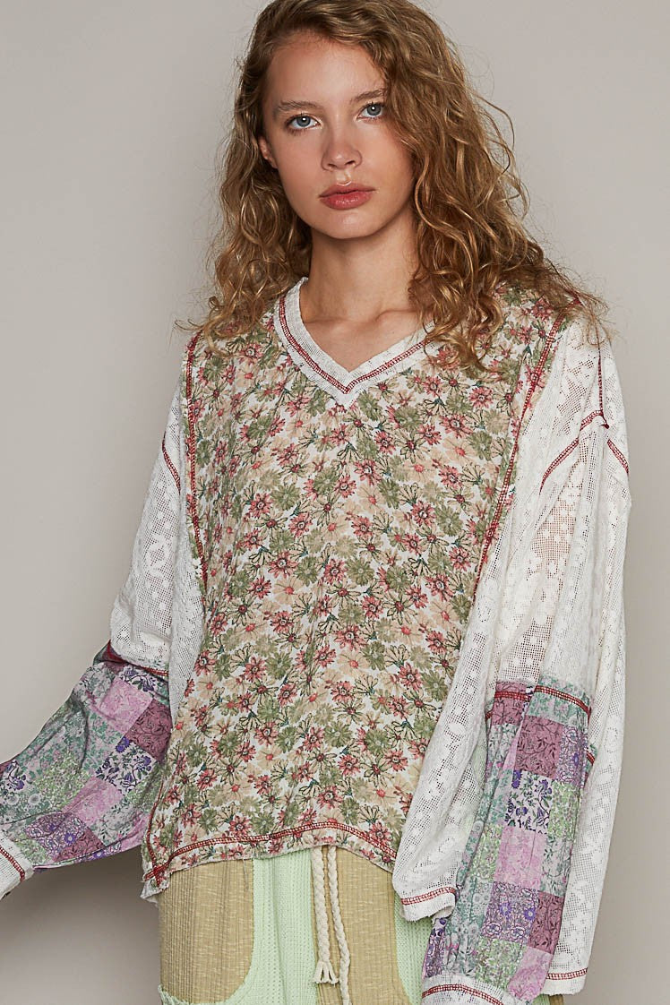POL Oversize Balloon Long Sleeve Floral Lace Woven Top