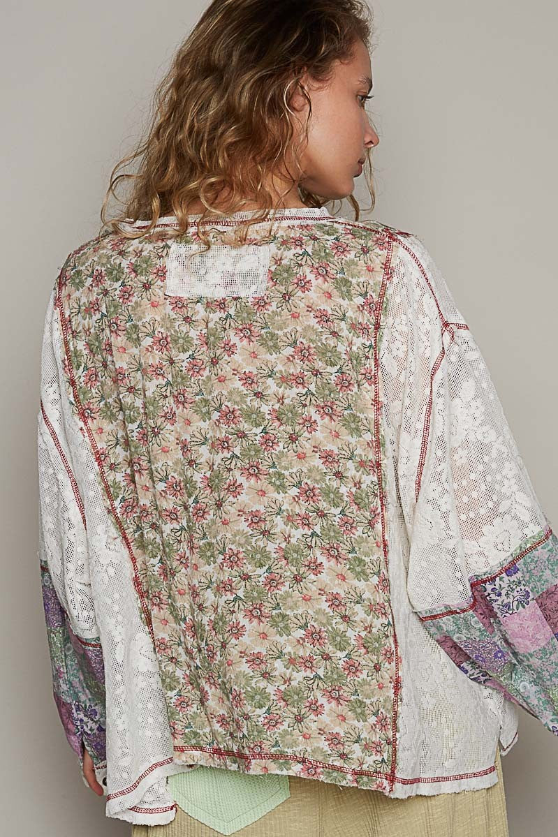 POL Oversize Balloon Long Sleeve Floral Lace Woven Top