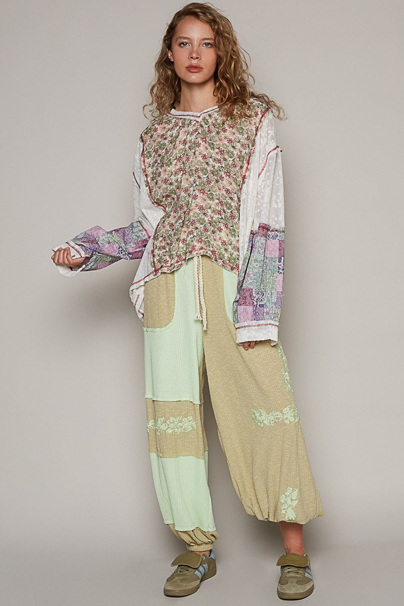 POL Oversize Balloon Long Sleeve Floral Lace Woven Top