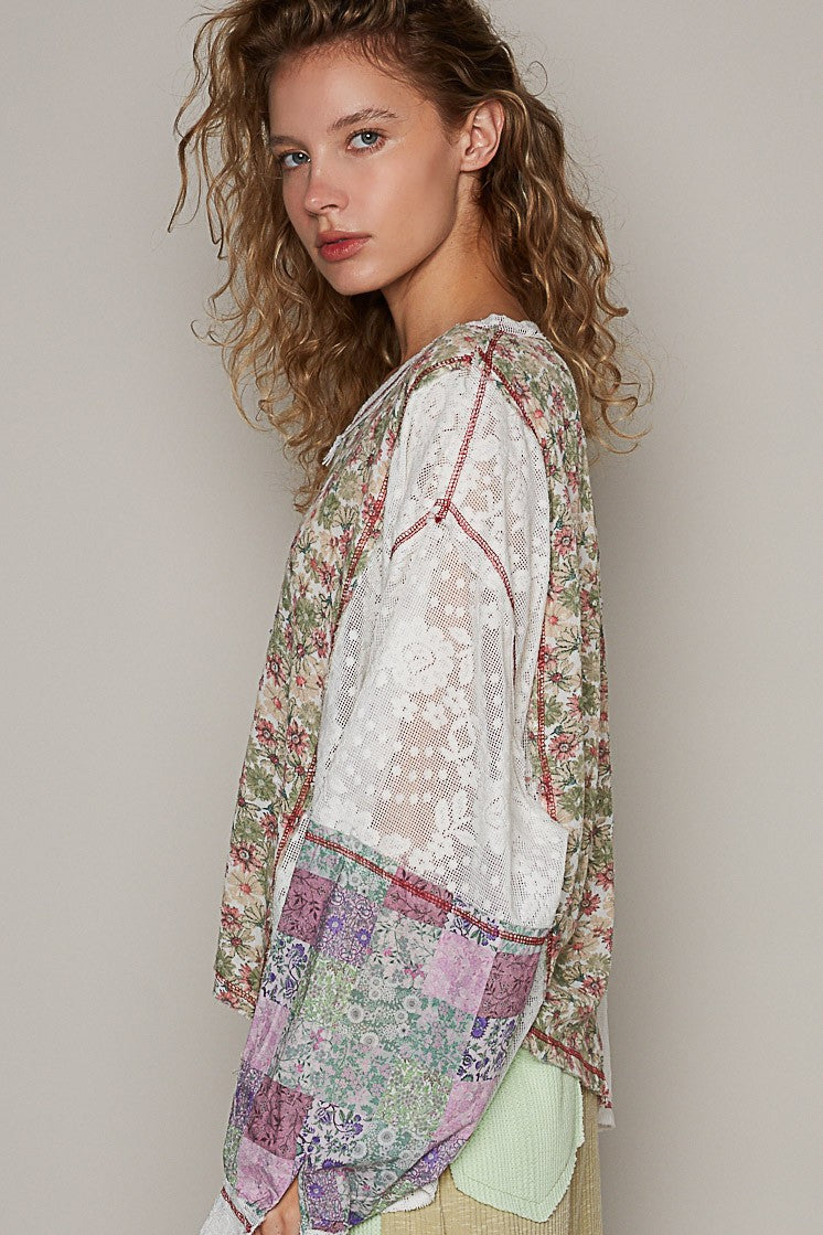 POL Oversize Balloon Long Sleeve Floral Lace Woven Top