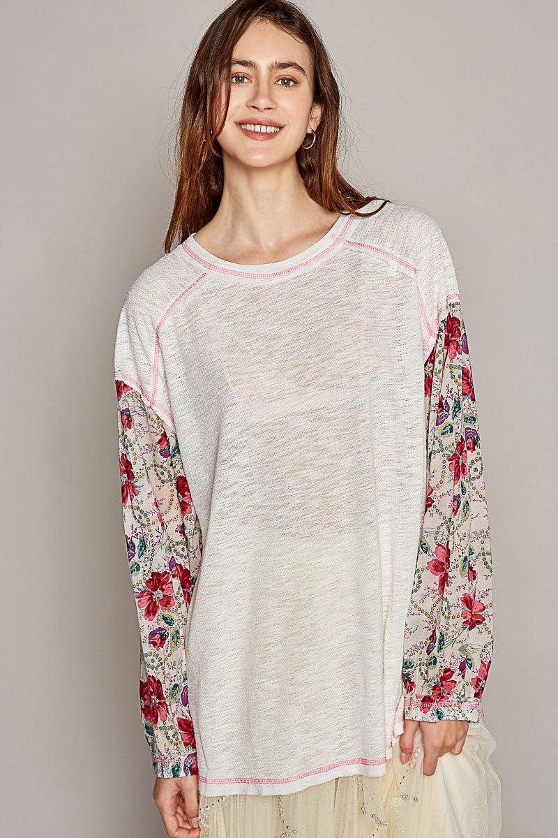 POL Oversize Round Neck Floral Print Sleeve Solid Top