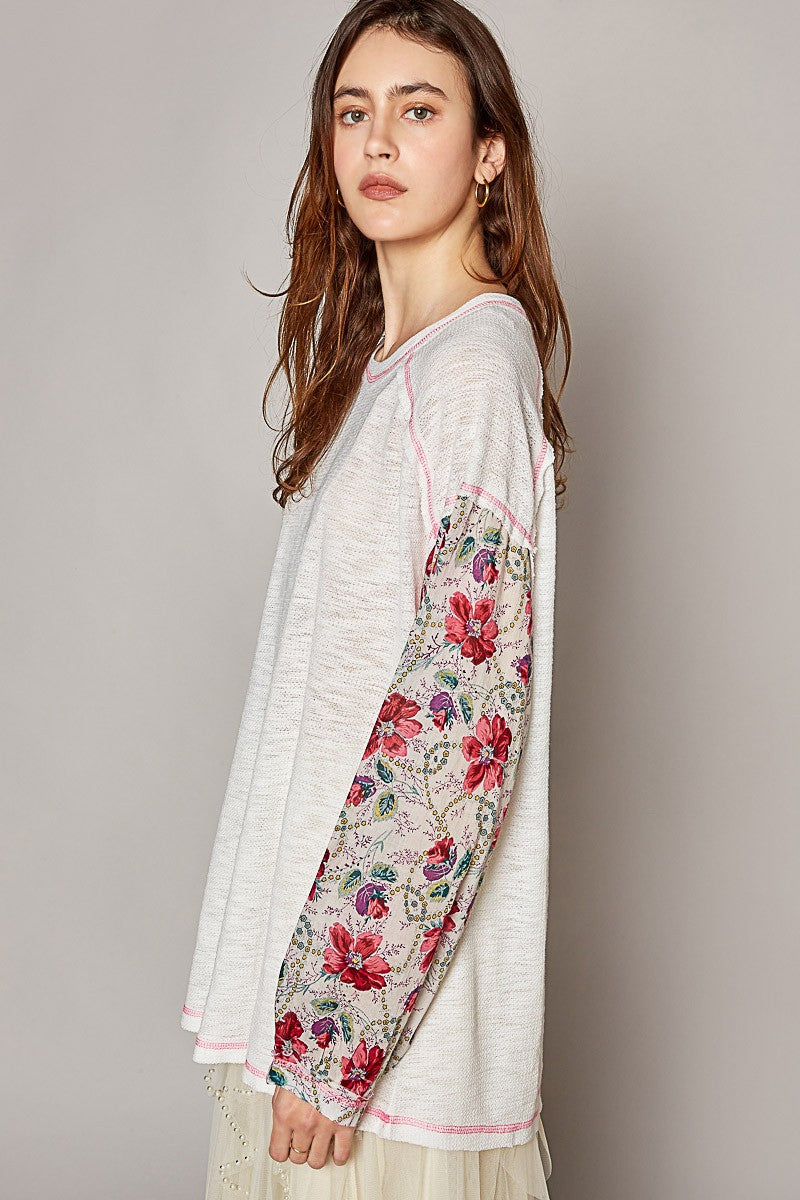 POL Oversize Round Neck Floral Print Sleeve Solid Top
