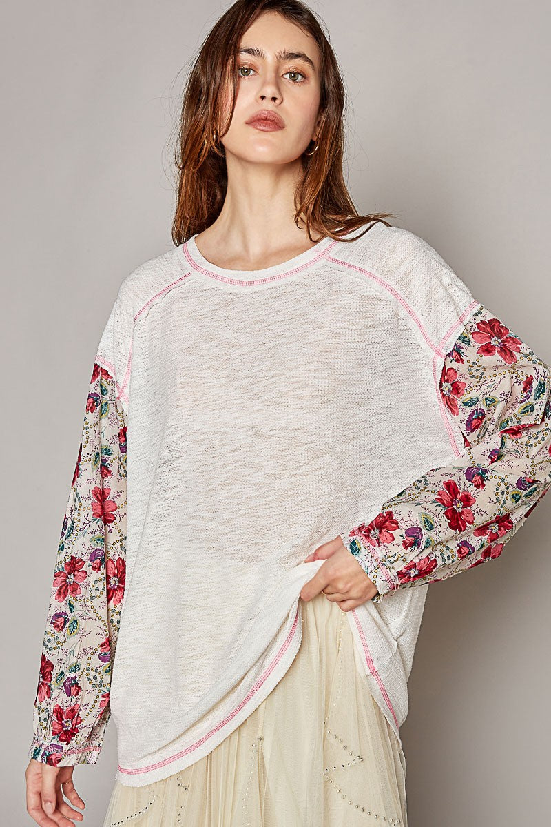 POL Oversize Round Neck Floral Print Sleeve Solid Top