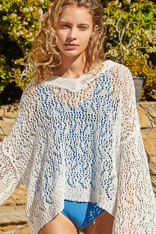 POL V-Neck Long Sleeve Rolling Edge Solid Sweater Top