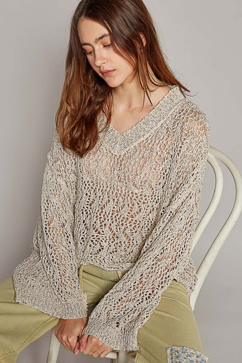 POL V-Neck Long Sleeve Rolling Edge Solid Sweater Top