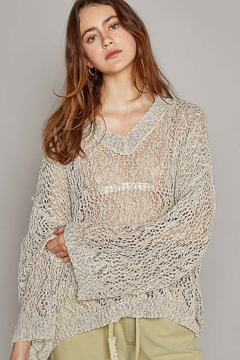 POL V-Neck Long Sleeve Rolling Edge Solid Sweater Top