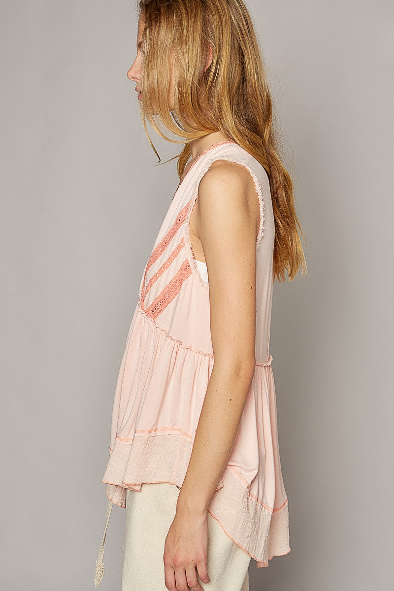 POL Overlay Neck Sleeveless Lace Trim Solid Knit Top