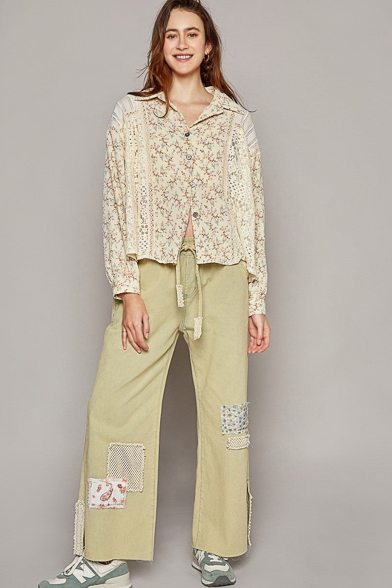 POL Vintage Washed Long Sleeve Printed Woven Shirt Top