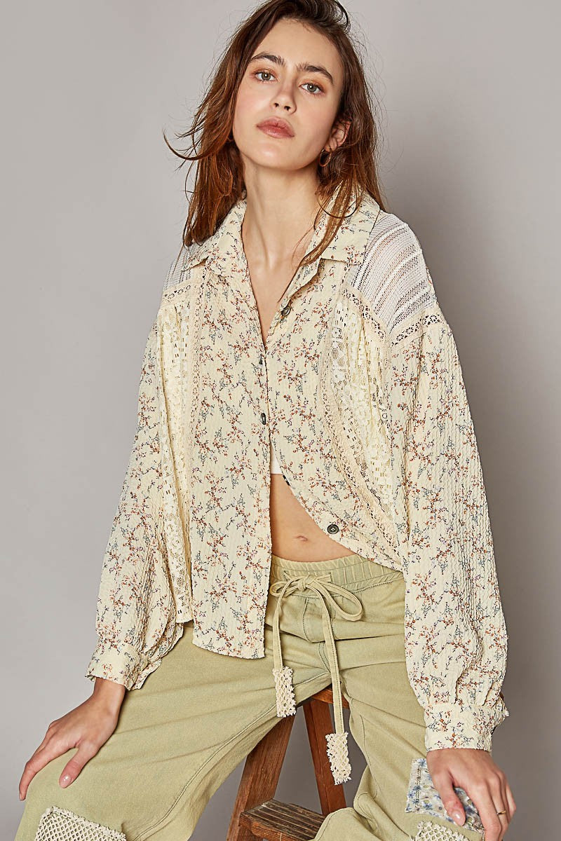 POL Vintage Washed Long Sleeve Printed Woven Shirt Top