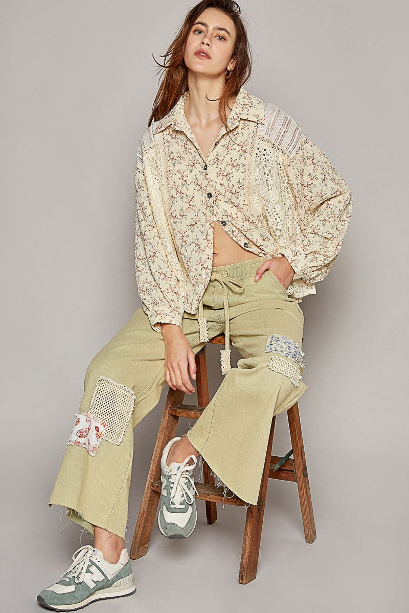 POL Vintage Washed Long Sleeve Printed Woven Shirt Top