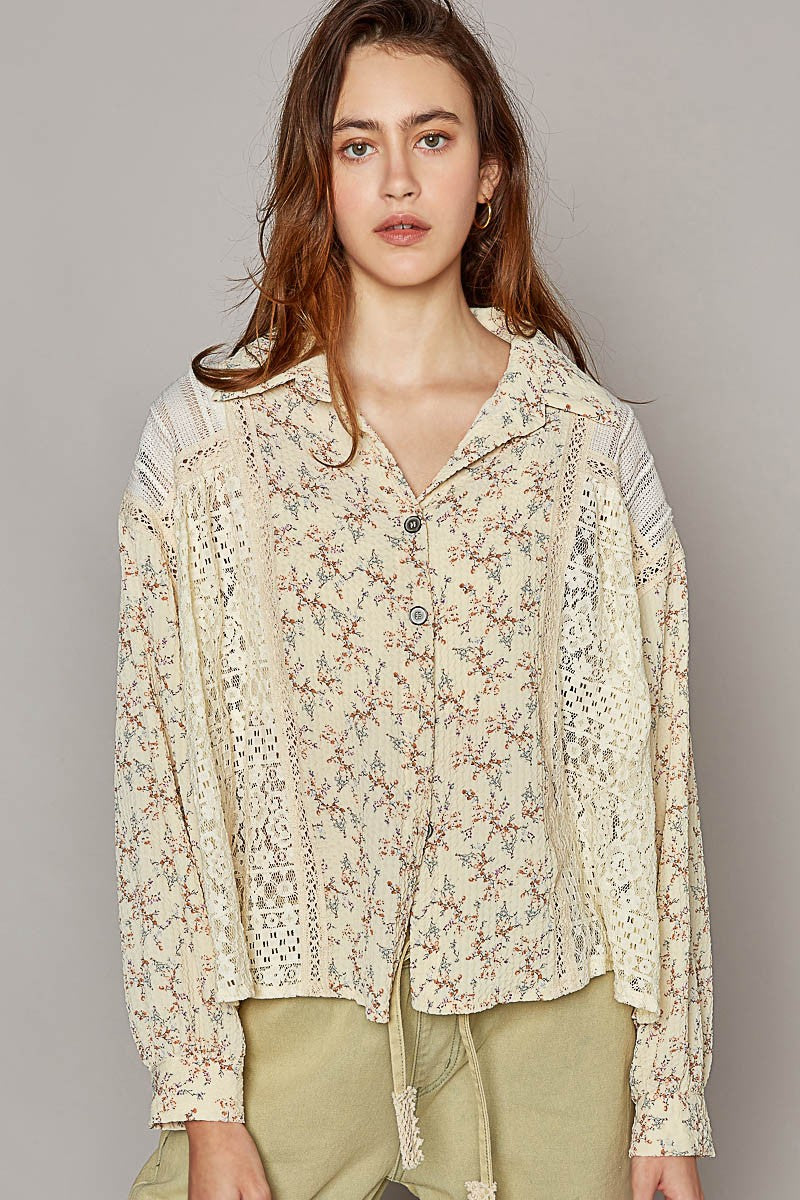 POL Vintage Washed Long Sleeve Printed Woven Shirt Top