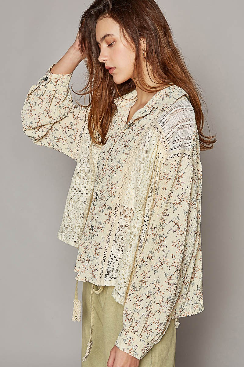 POL Vintage Washed Long Sleeve Printed Woven Shirt Top