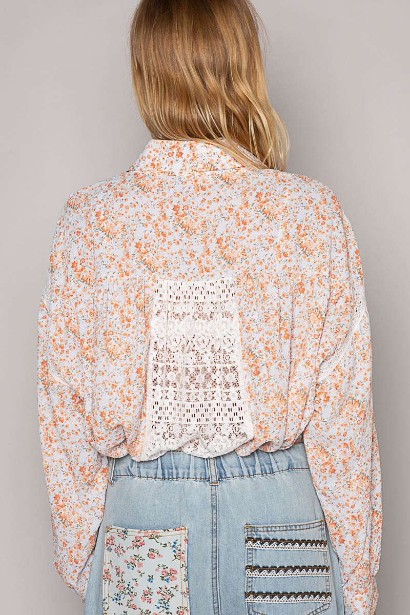 POL Vintage Washed Long Sleeve Printed Woven Shirt Top