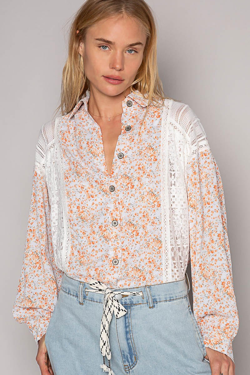POL Vintage Washed Long Sleeve Printed Woven Shirt Top