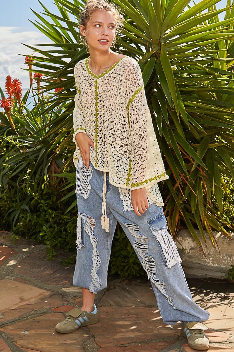 POL Oversize Scoop Neck Long Sleeve Trim Sweater Top