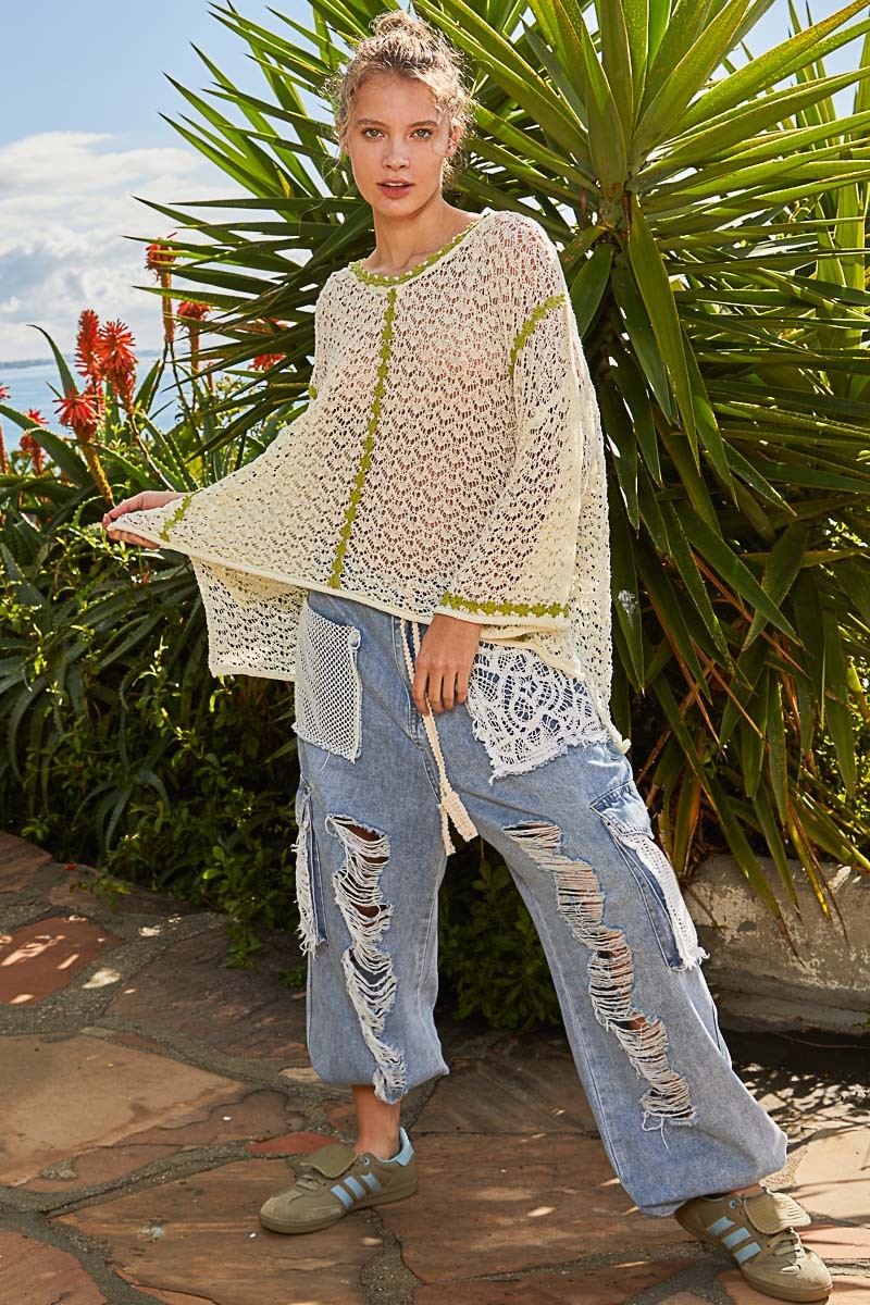 POL Oversize Scoop Neck Long Sleeve Trim Sweater Top