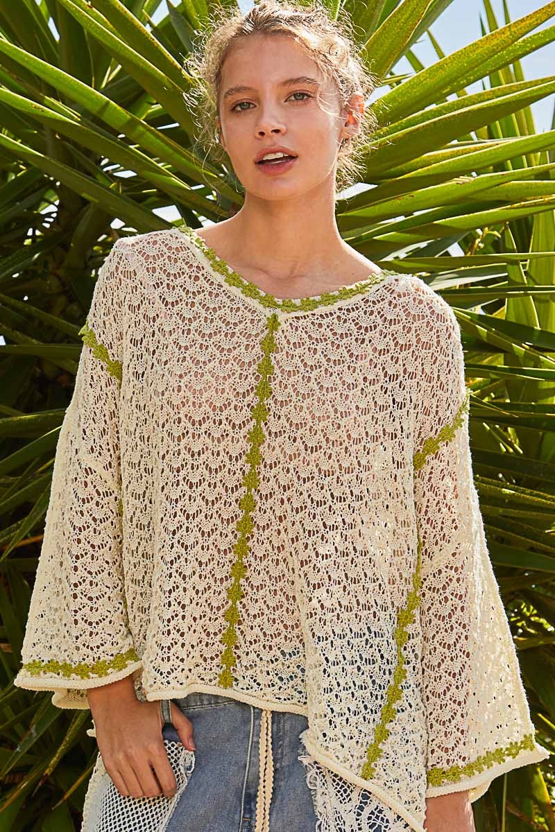 POL Oversize Scoop Neck Long Sleeve Trim Sweater Top