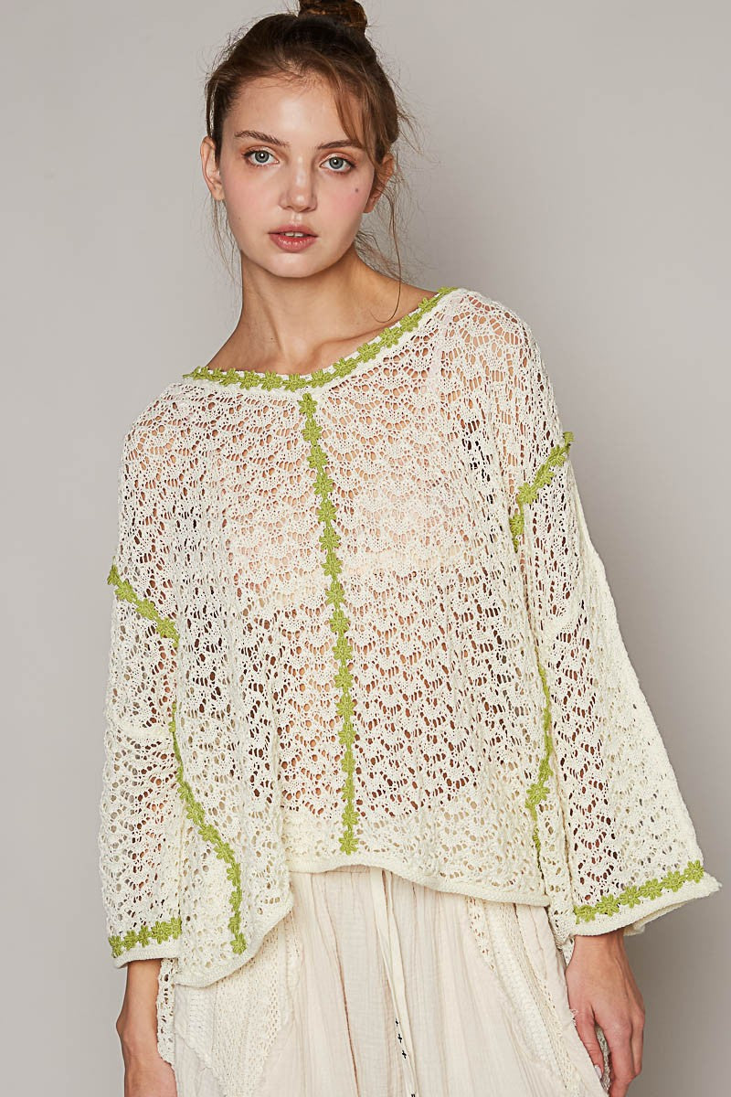 POL Oversize Scoop Neck Long Sleeve Trim Sweater Top