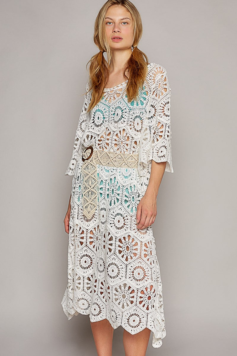 POL Scoop Neck Short Sleeve Solid Crochet Dress Top